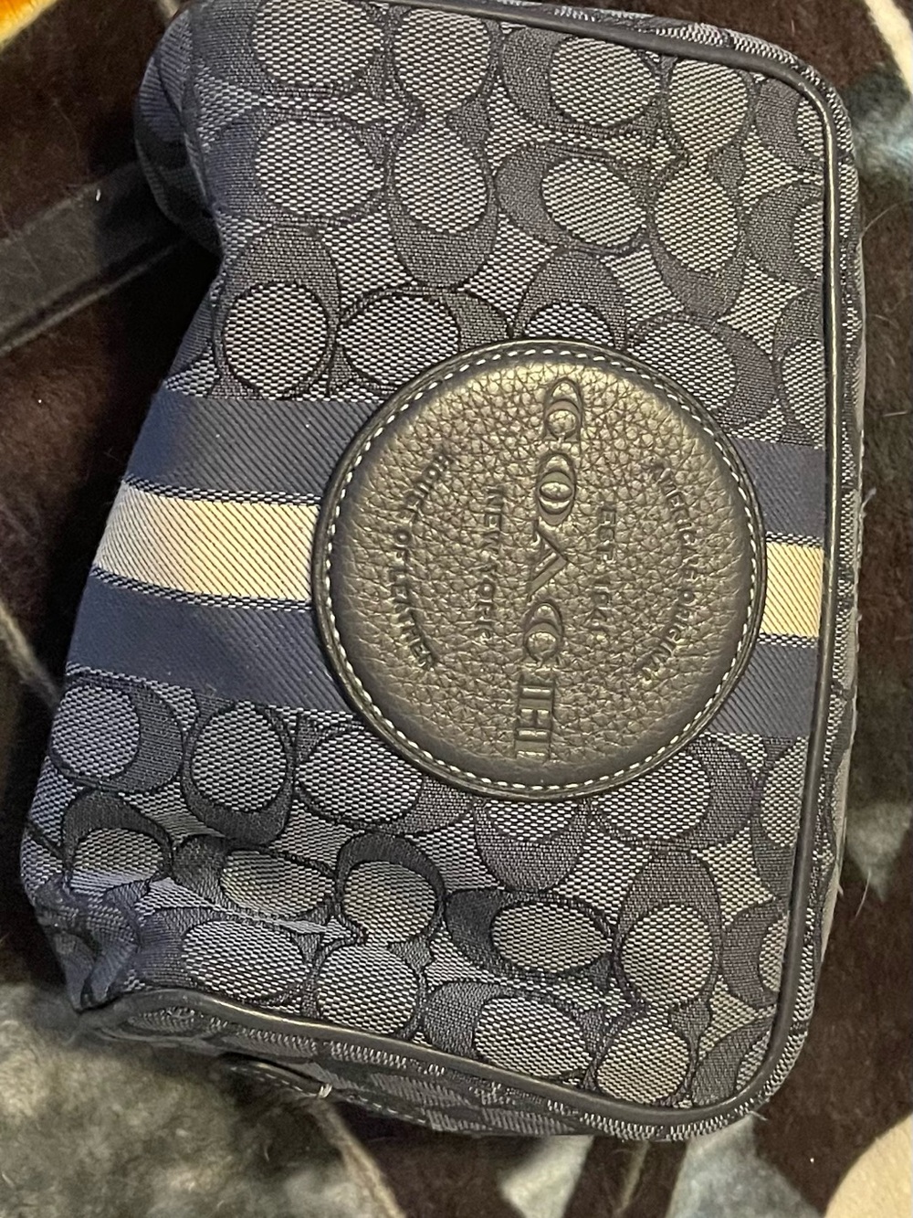 Coach Men's Signature Toiletry Pouch in Navy and Black with Ivory Stripe